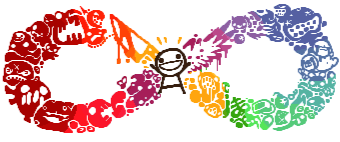 sprite of isaac in front of an infinity symbol made of things from the game, edited to be rainbow colored like the autism symbol